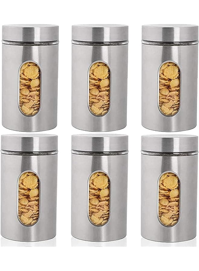 Stainless Steel Food Storage Canister Sets with Glass Visible Window & Airtight Lids,Set of 6 Airtight Sugar Coffee Tea Candy Storage Jars,Food Storage Containers Grain Storage Tank (M:950ml)