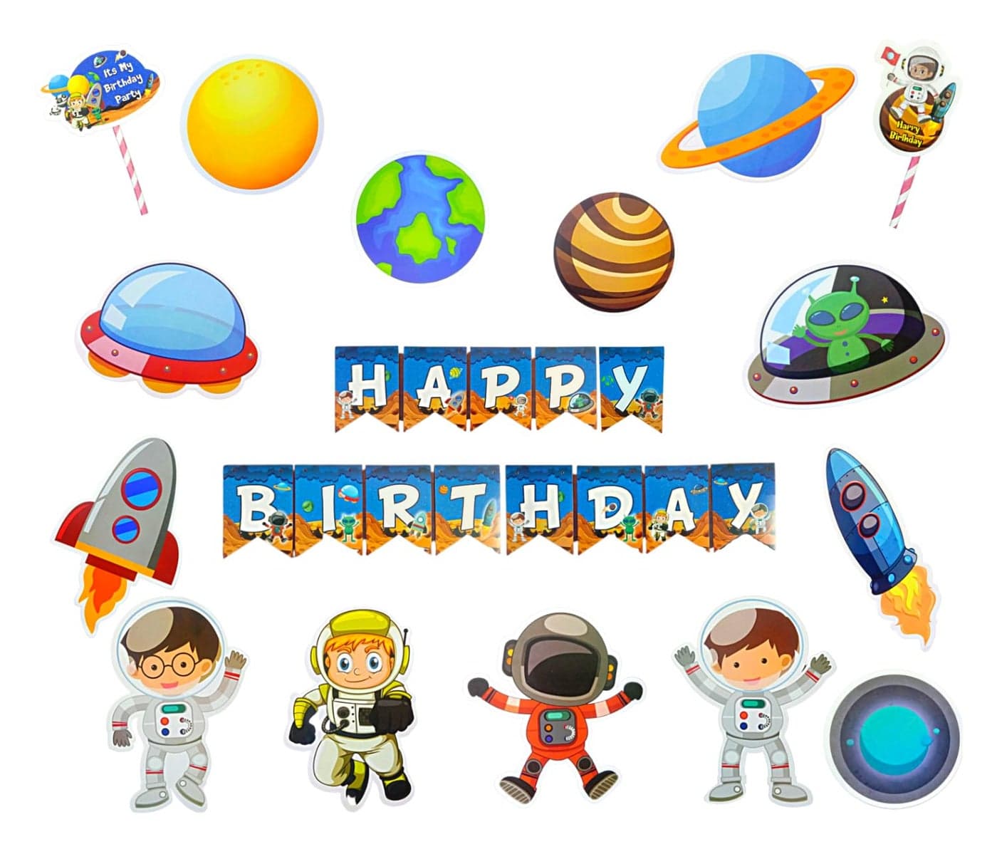 FI - FLICK IN 18 pcs Happy Birthday Banner Space Theme Birthday Decoration Planet Astronaut Cutouts Cake Topper Props Space Galaxy Decoration (Pack of 18, Multicolor)