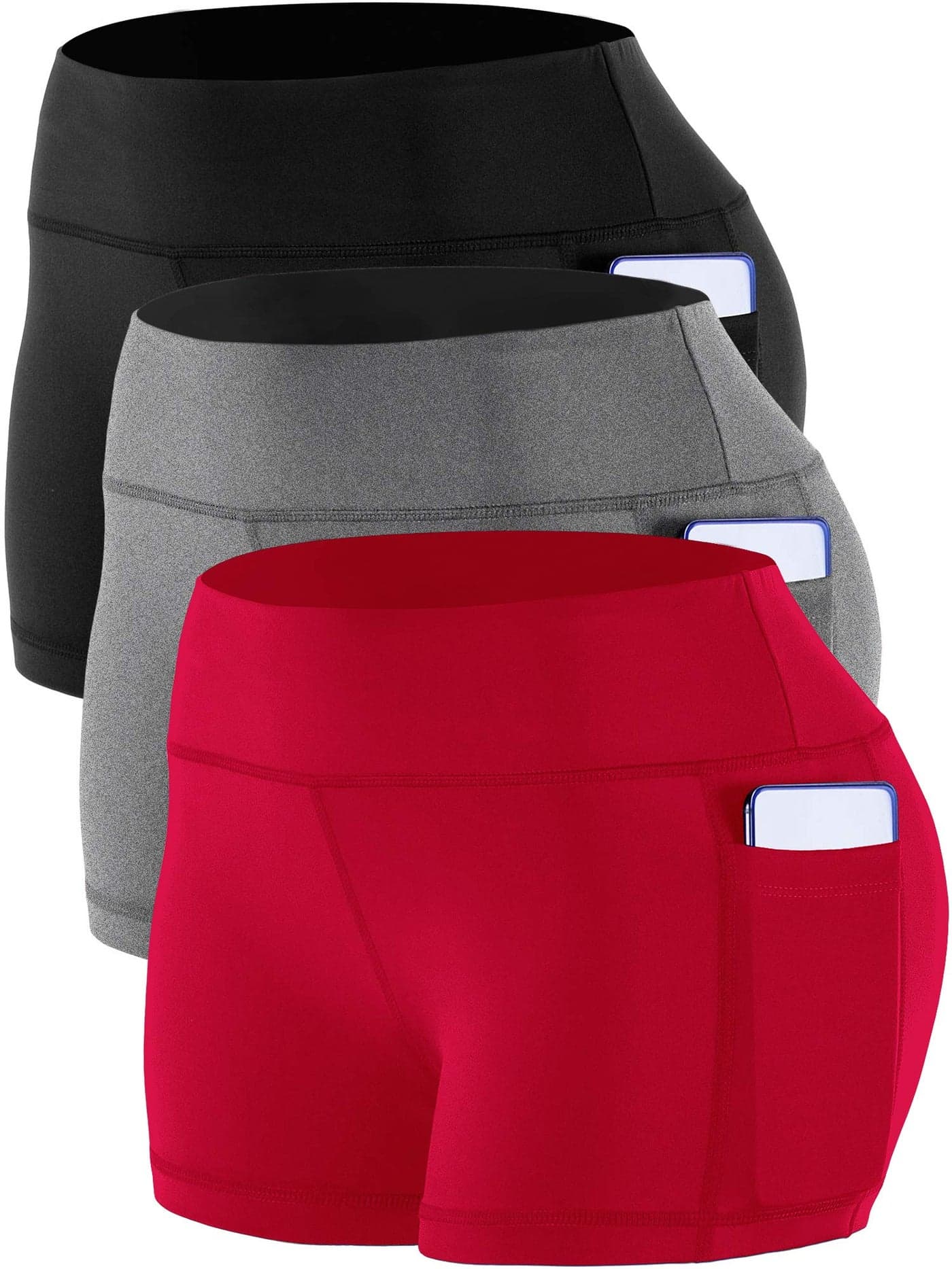 CADMUS Women's Workout Yoga Running Compression Exercise Booty Shorts with One Side Pockets,3 Pack,09,Black,Grey,Red,Large