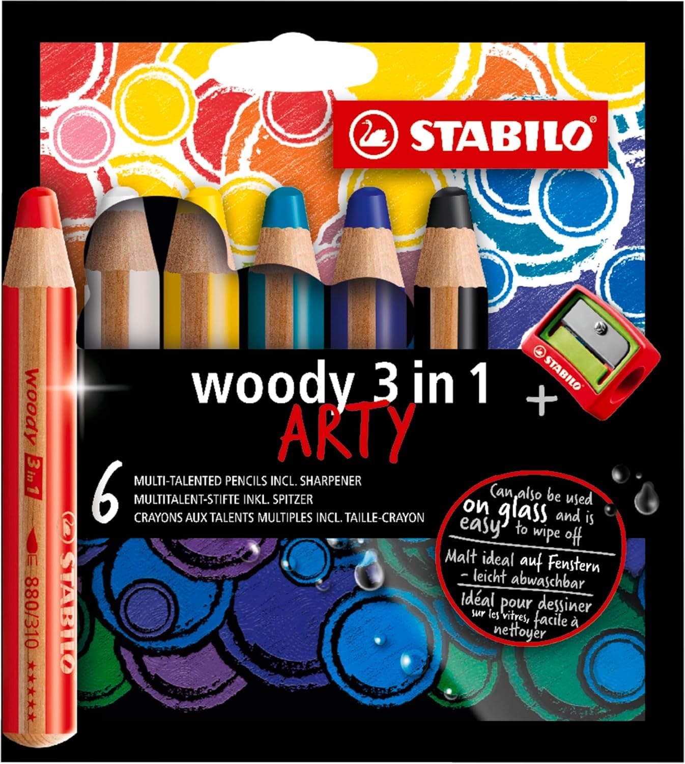 STABILO MultiTalented Pencil woody 3 in 1 ARTY Pack of 6 Assorted Colors with Sharpener