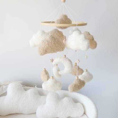 Goukurlsma Neutral Boho Cloud Mobile for Crib with Moon Neutral Baby Crib Mobile Boho Crib Mobile Boucle Baby Mobile for Crib Bassinet