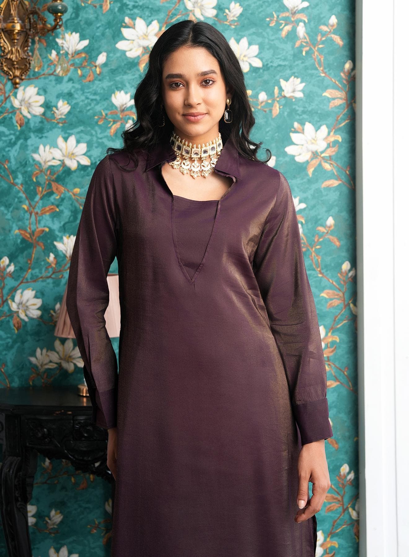 Women's Grape Purple Dusk Ensemble Kurta Set For Casual Wear | Spread Collar | Long Cuffed Sleeves | 2 Piece Kurta Set Designed With Comfort Fit For Everyday Ethnic Wear