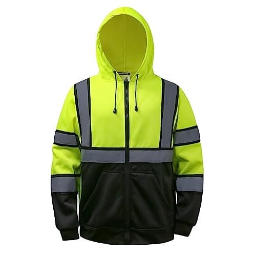 DPSAFETY High visibility Hoodie for Men,Class3 Hi Vis Hoodie with Zipper,Reflective Hooded Hood,Construction work Safety Sweatshirt with Large front Pocket for Men/Women Black Bottom,Small