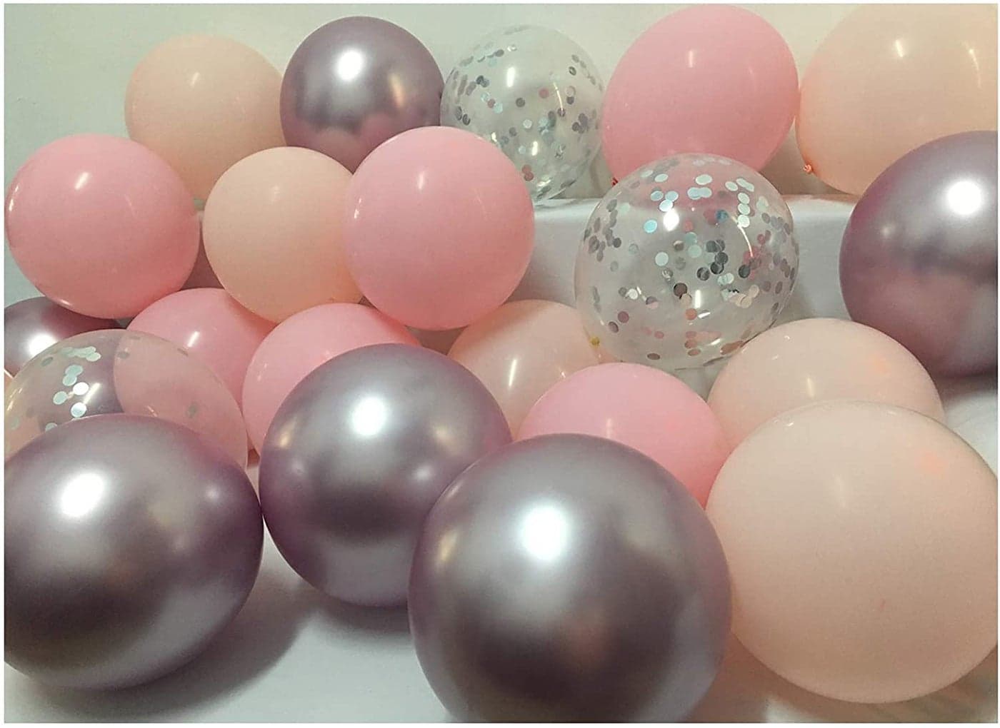 LAZYBEEE 50pcs Pastel Peach and Pink Balloons -Metallic light Purple confetti silver balloons for Baby Bridal Shower Birthday Wedding Party Supplies Decorations 12inch (Pink + Peach + Chrome Purple)