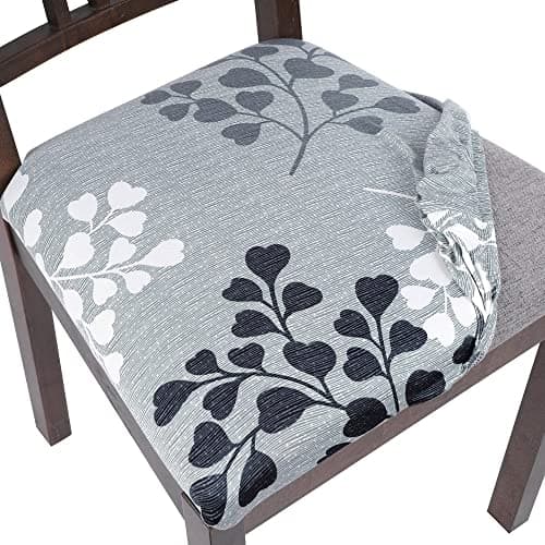 SearchI Seat Covers for Dining Room Chairs Stretch Printed Chair Seat Covers Set of 4, Removable Washable Upholstered Chair Seat Protector Cushion Slipcovers for Kitchen, Office(Leaves Pattern)