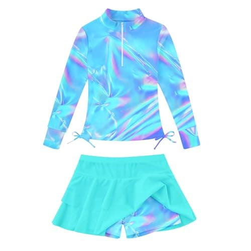 Girls Swimsuits Size 11 12 Bathing Suit Girl 11-12T Laser Aurora Swimming Skirt with Shorts 2 Pieces Zip Rash Guard Set Long Sleeve UPF+ 50 Blue Beach Bikini Bathing Suits Beachwear for Teen Girl