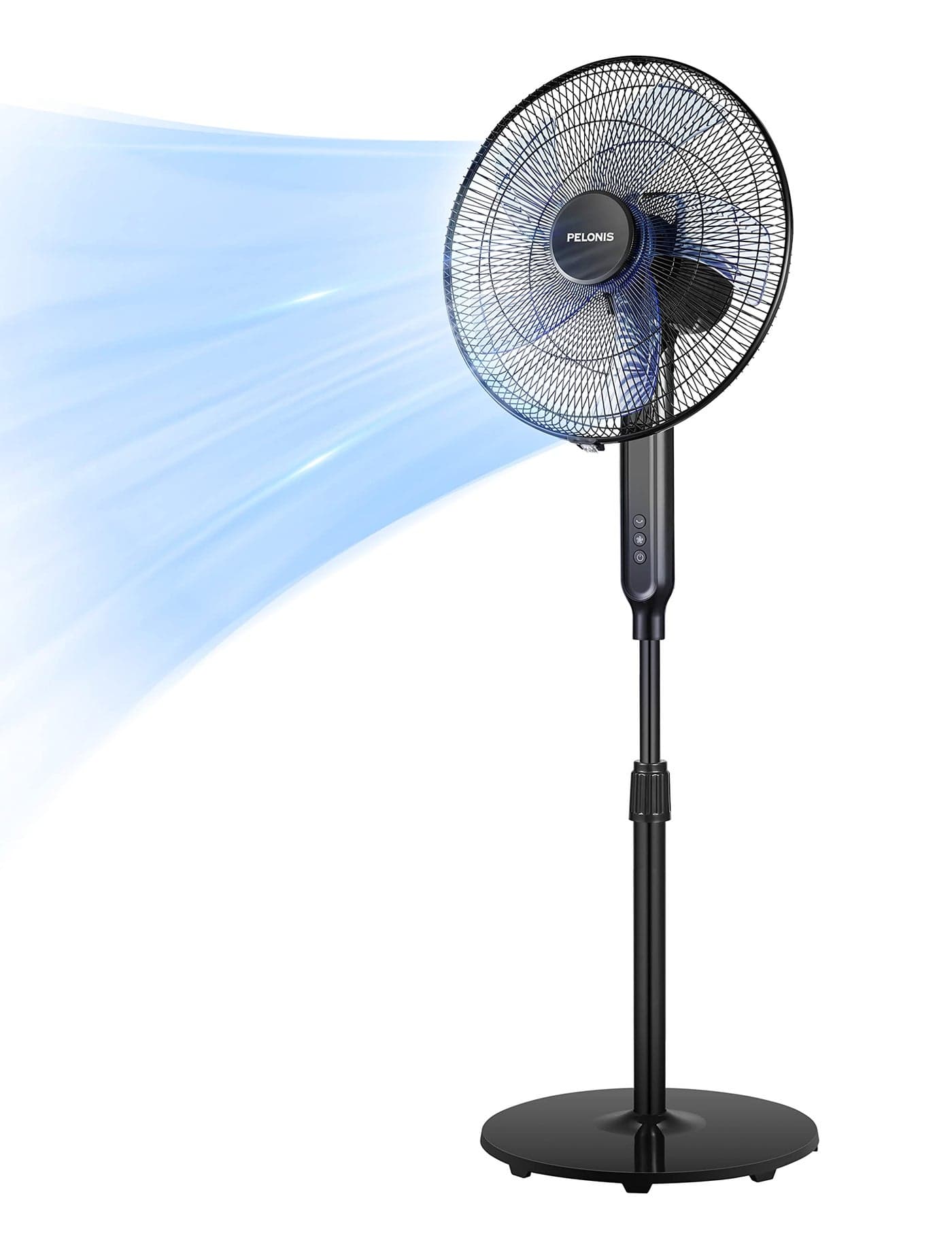 PELONIS 16 Oscillating Pedestal Stand Up Fan Adjustable Height Ultra Quiet DC Motor Remote Control 12 Speed 12Hour Timer High Energy Efficiency for Bedroom Home Office Use Black
