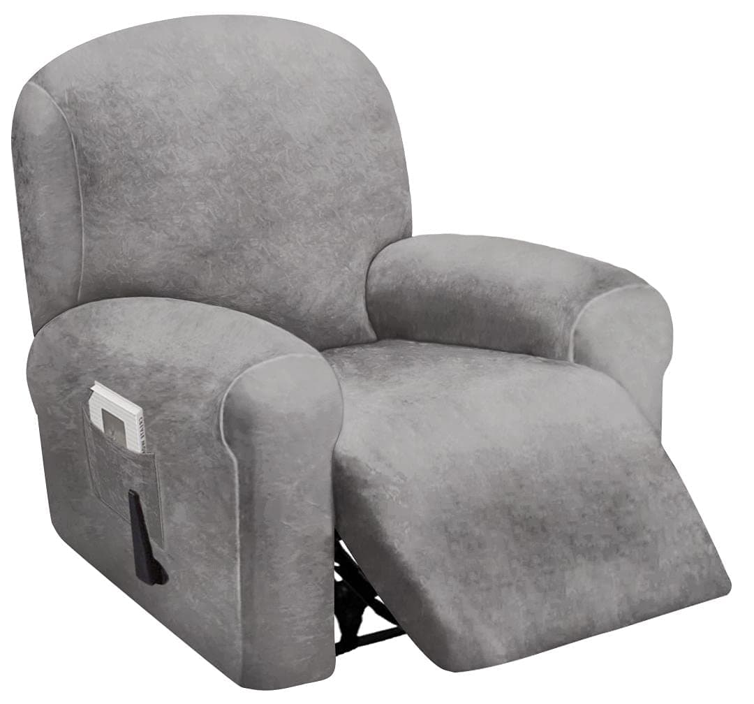 ULTICOR 4Piece 1 Seat Recliner Cover Velvet Stretch Reclining Chair Covers for 1 Cushion Reclining Sofa Single Seat Recliner Couch Cover Thick Very Soft Machine Washable Light Grey