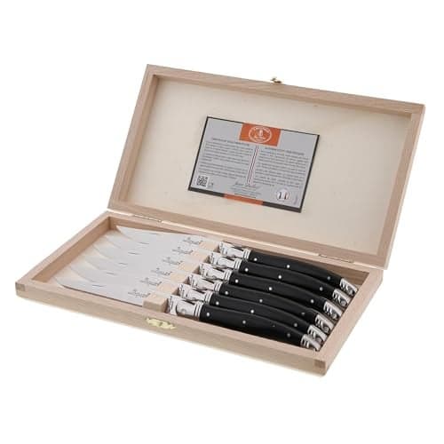 Jean Dubost Laguiole 6-Piece Steak Knife Set, Black Handles - 2.5 mm Blades - Rust-Resistant Stainless Steel - Includes Wooden Box - Made in France