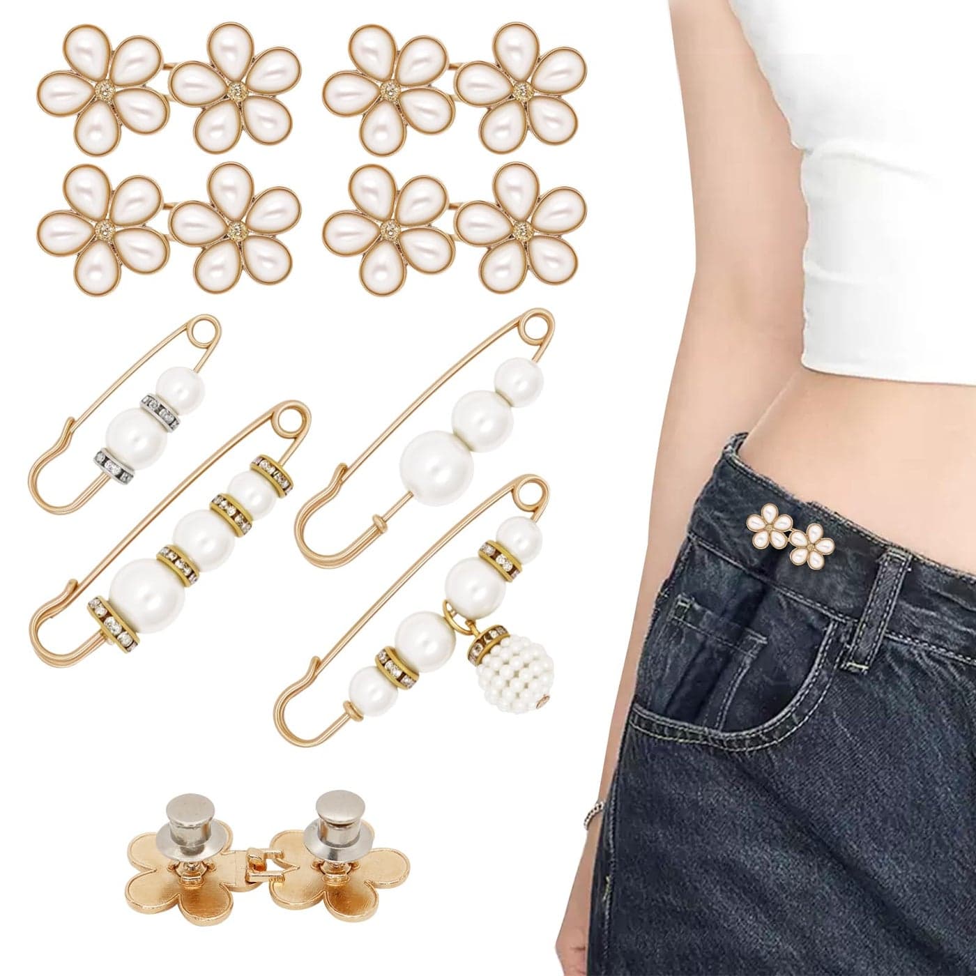 Frutain 8 Set Pant Waist Tightener Pearl Buttons Pins for Loose Jeans Waist Cincher Clip Reusable Pearl Brooch for Clothing Dresses Skirts No Sewing and Tool Decoration Accessories