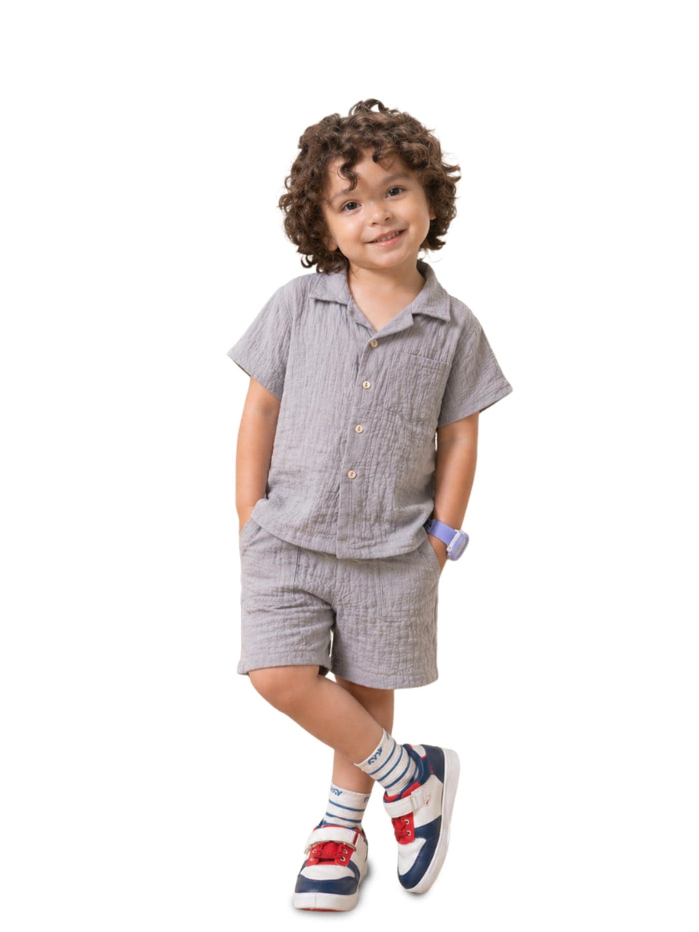 Kidbea Boys Organic Cotton Shirt & Shorts | Soft Breathable Summer Co-ord Outfit for Kids Casual Clothing Set (Grey, 5–6 Years)