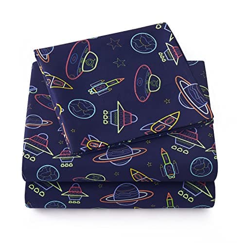 1500 Supreme Kids Bed Sheet Collection Fun Colorful and Comfortable Boys and Girls Toddler Sheet Sets Deep Pocket Wrinkle Free Soft and Cozy Bedding Twin Neon Spaceships