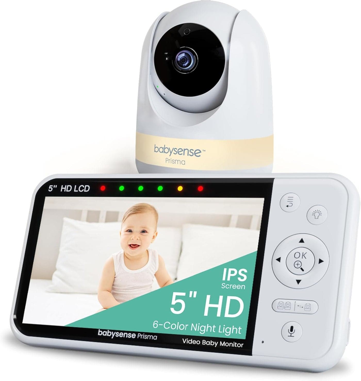 Babysense Prisma Baby Monitor with Camera and Audio 5 HD Video Baby Monitor 6Color Night Light Split Screen Baby Sound Machine with White Noise Lullabies Secure No WiFi