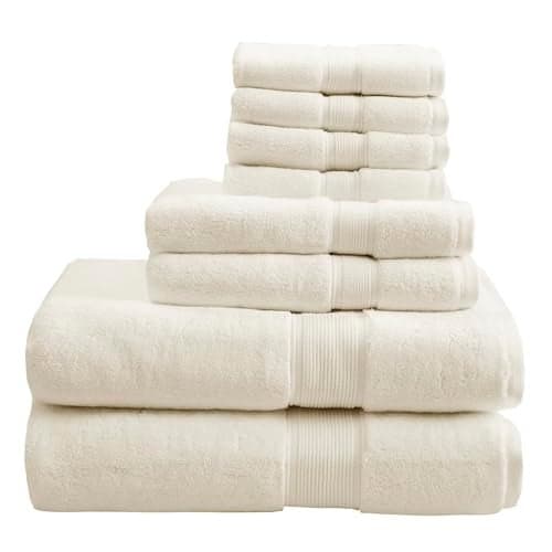 Madison Park 800GSM 100 Cotton Luxury Bathroom Towels Long Oversized Linen Cotton Bath Towel Set 8Piece Include 2 Bath 2 Hand 4 Wash Cream