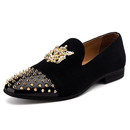Meijiana Mens Velvet Black Loafers Dress Shoes with Metal Embellishments Party Luxury Loafer Shoes, Black-01, 9.5 US