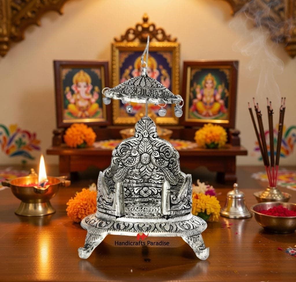 Handicrafts Paradise Aluminium Antique Silver Plated Singhasan, 5.5 inch, 1 Piece