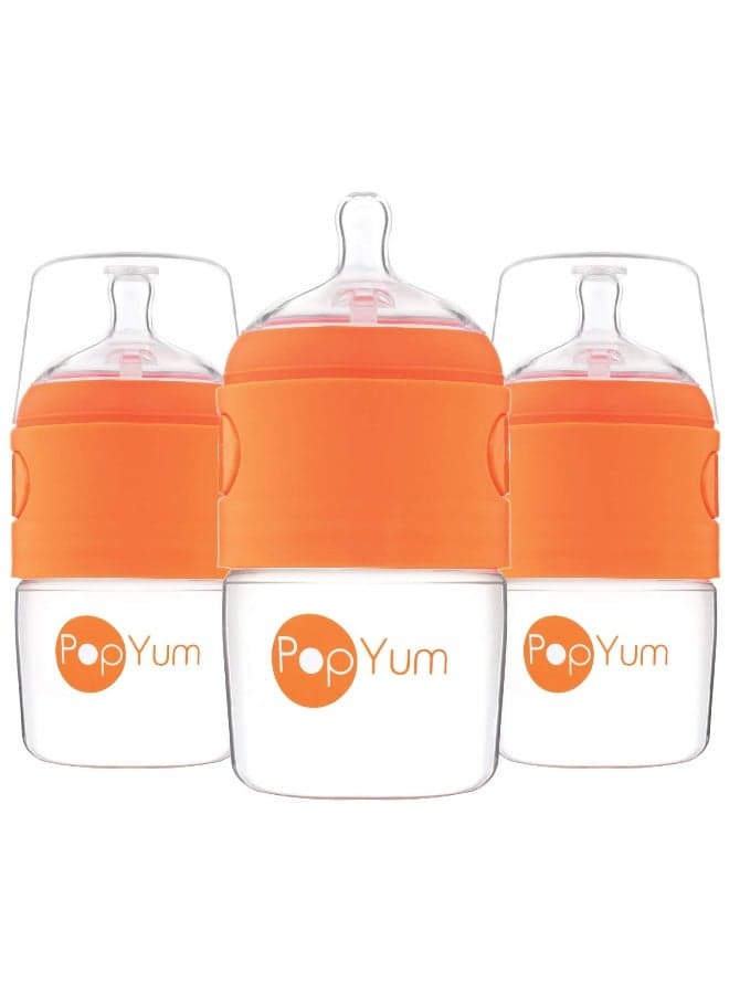 PopYum 5 oz Orange Anti-Colic Formula Making/Mixing/Dispenser Baby Bottles, 3-Pack with #1 Slow Flow Nipples, 150 ml, BPA-Free, Natural Latch