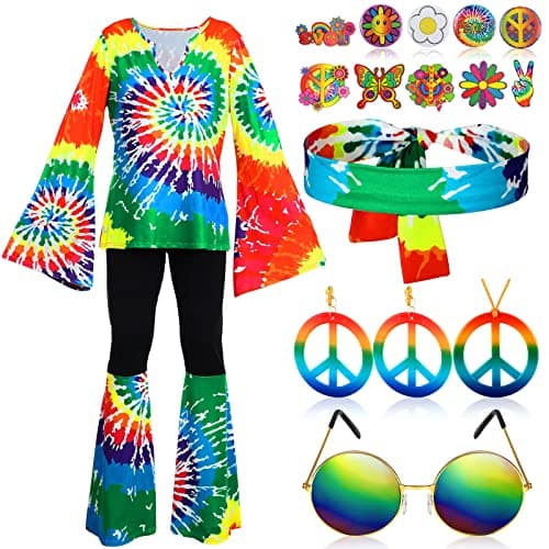 Jiuguva 17pcs 60s 70s Outfits for Women Hippie Costume Set Disco Outfit (Rainbow,Small)