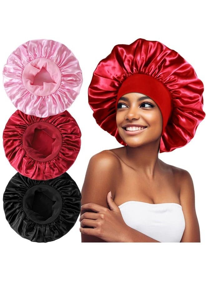 3PCS Extra Large Satin Bonnets for Sleeping, Hair Bonnets for Black Women Braids Curly Hair, A