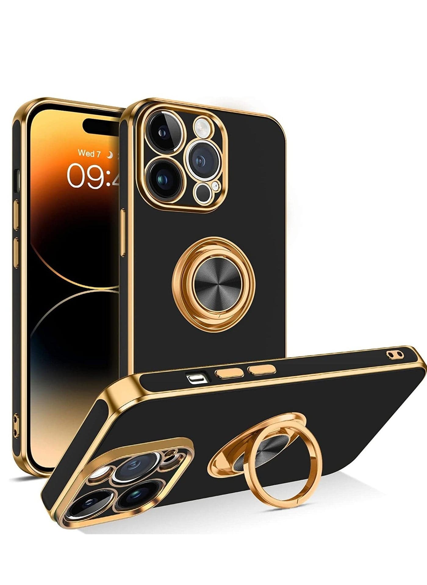 iPhone 14 Pro Max Case, 360° Rotation Kickstand Ring Holder Plating Edge Soft Rubber TPU Bumper Slim Flexible Shockproof Protective Phone Case Cover for 6.7 inch iPhone 14 Pro Max 2022, Black