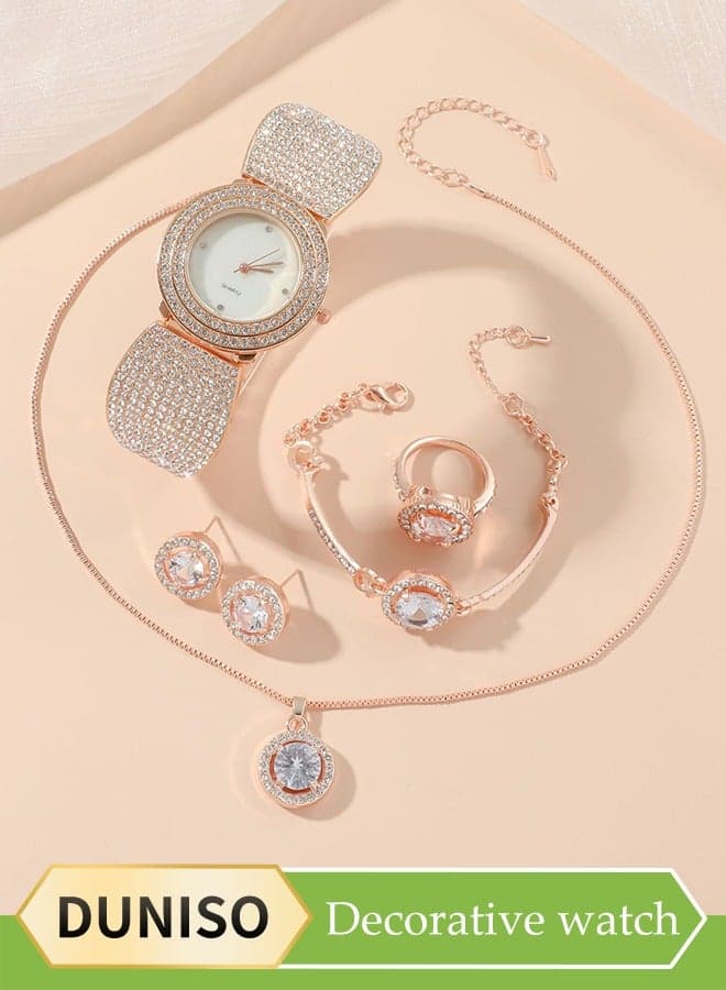 5 Pieces Of Rhinestone Watch Set, Ladies' Inlaid Diamond Quartz Watch, Circular Steel Band Watch, With Earrings, Bracelet, Necklace, Ring, Diamond Decorative Design,Suitable For Daily Business Gatherings