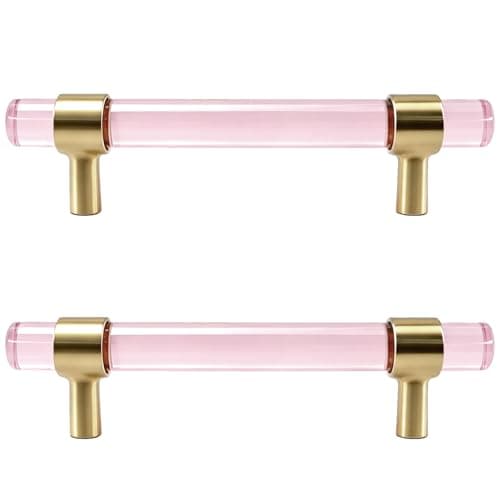 Risbay Crystal Glass Drawer Pulls Double Hole Crystal Handle Brass Base Crystal Cabinet Handle Pulls Hole Distance 96mm378 for Cabinets and Dressers Screw Included 2PCSPink and Golden