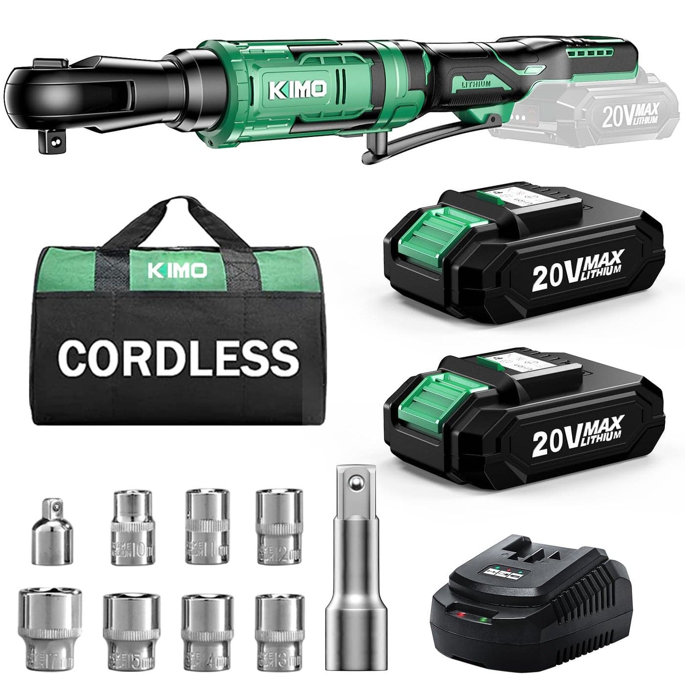 KIMO 20V Cordless Ratchet Wrench 38 Set 74 Ftlbs 400 RPM Electric Ratchet Wrench Battery Powered Ratchet with 7 Sockets 3 Extension Bar 14 Adapter 2Pack LithiumIon Batteries Fast Charger