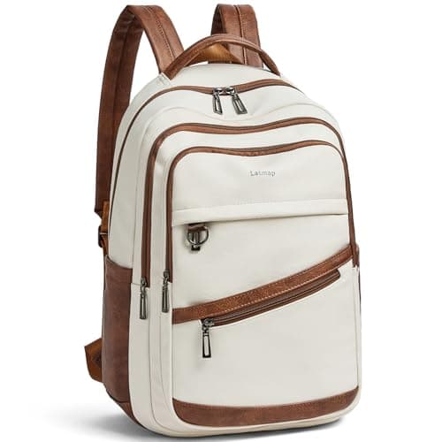 LATMAP 43L Backpack for Women Men - Vegan Leather Backpack Purse Travel Carry-on Bag College Bookbag Work fits 17" Laptop, Beige