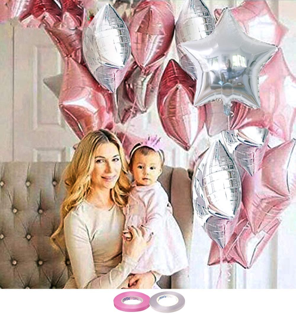 AMFIN® (Pack of 14) Star Shape Foil Balloon with Ribbon/Balloons for Decoration 1st Birthday Girl, Baby Shower, Anniversary Decoration Items- Silver & Pink