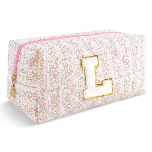 Personalized Quilted Cosmetic Bag, Puffy Monogrammed Christmas Birthday Gifts for Women & Girls, Cute initial Floral Makeup Bag Puffer Coquette Bag, Aesthetic Travel Toiletry Zipper Pouch(Pink,L)