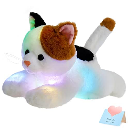 Glow Guards Light up Calico Cat Stuffed Animal LED Soft Kitty Plush Toy Pillow with Night Lights Lullaby Birthday Childrens Day Gifts for Toddler Kids 15