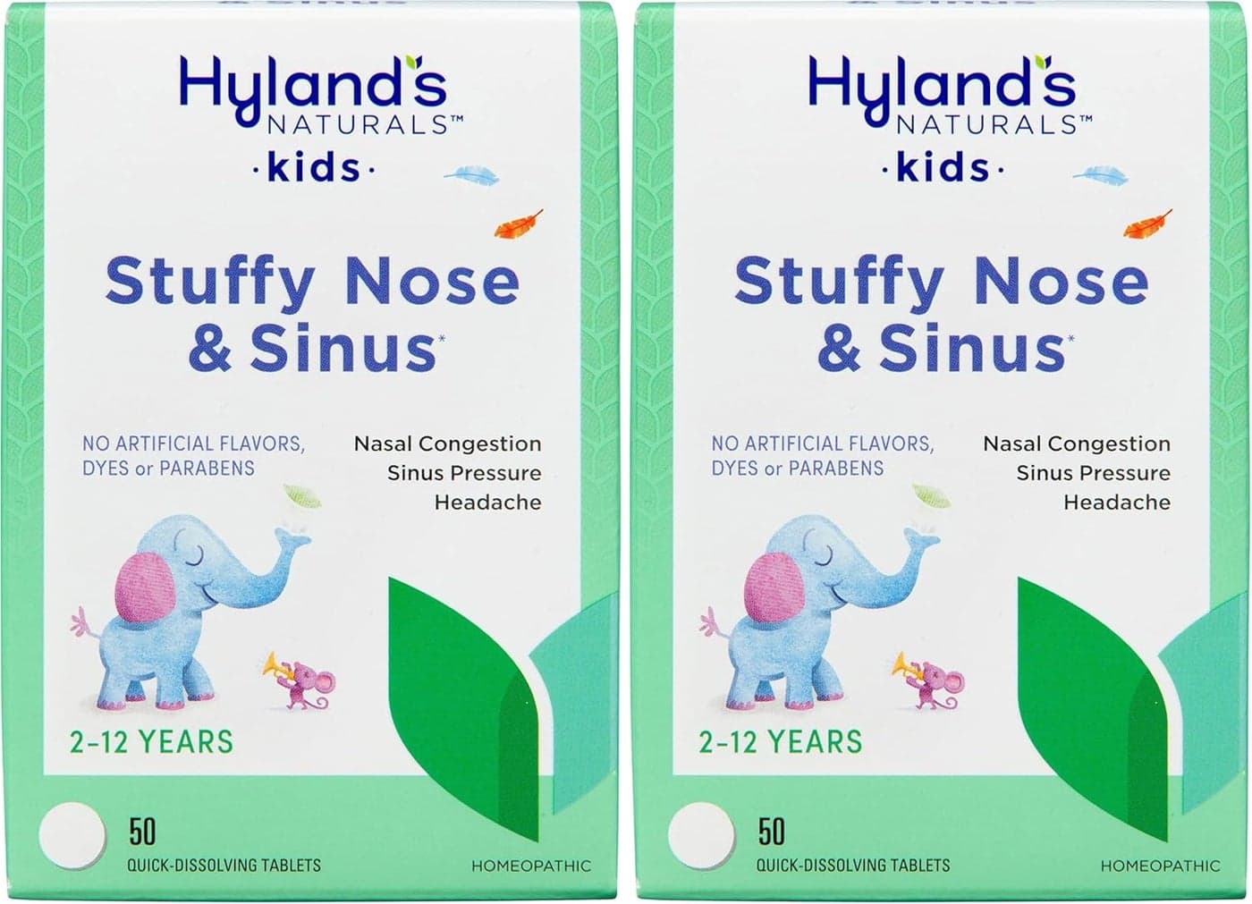 Hylands Naturals Kids Stuffy Nose and Sinus Tablets Cold and Allergy Medicine for Children Ages 2 and up Headache Relief and Nasal Decongestant Quick Dissolving Tablets 50 Count Pack of 2