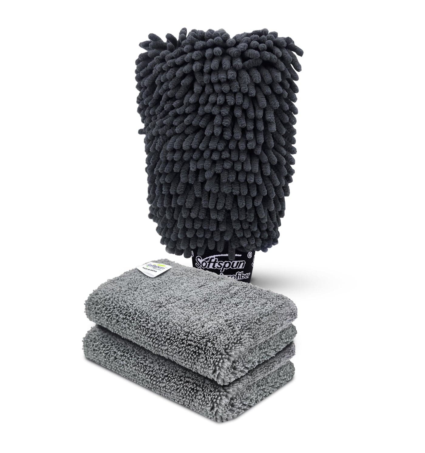 SOFTSPUN Microfiber Single Side 1 Piece Chenille,1700 GSM Grey+20X30cm Cleaning Wipe 2 Pcs | Multi-Purpose Super Absorbent and Perfect Wash Clean with Lint-Scratch Free Home, Kitchen, Window, Dusting