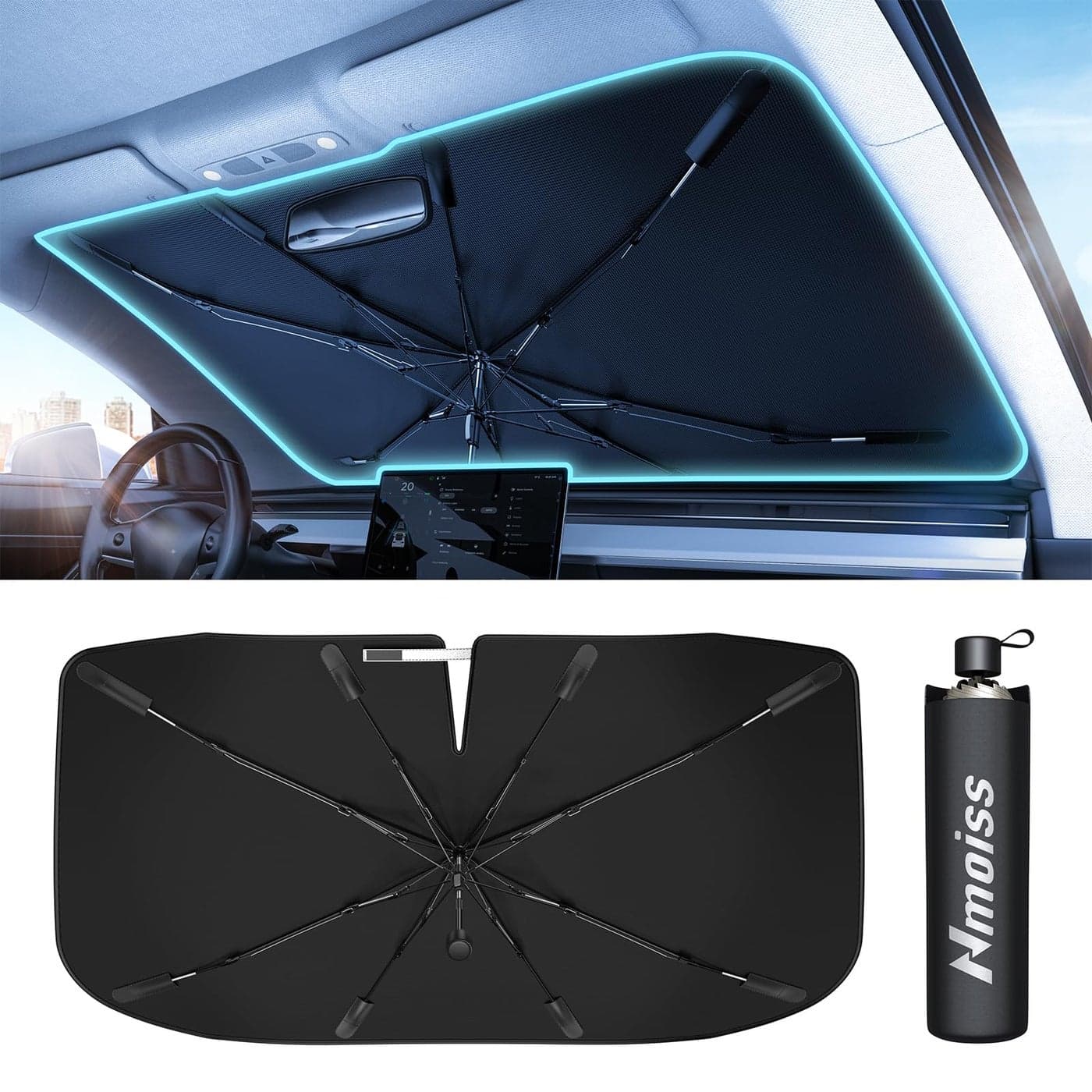 2025 Upgrade Nmoiss Windshield Sun Shade Umbrella Vinyl Coating Heat Shield Protect Car from Sun Rays Heat Damage Keep Cool and Protect Interior Spring Structure Edge Medium 56 L x 31 W