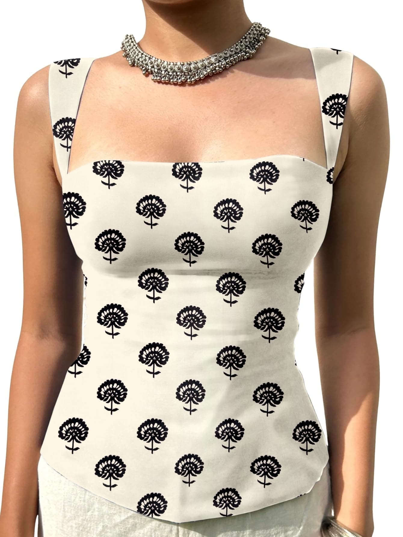 Aahwan White Printed Square Neck Sleeveless Backless Short Indo-Western Ethnic Kurti Top for Women's & Girl's(357-White-M)