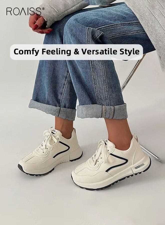 Women's Low-Top Sneakers Lace up Thick Soles Height-Increasing Versatile Casual Summer Running Shoes Lightweight Soft Padding Non-slip, Comfortable White Athletic Shoes White