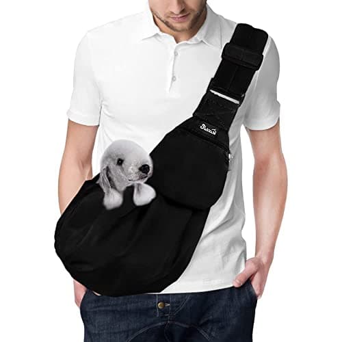 Lukovee Pet Sling Hand Free Dog Sling Carrier Adjustable Padded Strap Tote Bag Breathable Cotton Shoulder Bag Front Pocket Safety Belt Carrying Small Dog Cat Puppy Machine Washable Black L