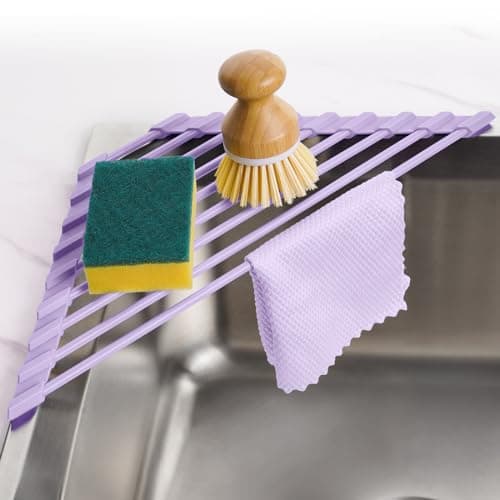 Tomorotec Compact Silicone-Coated Triangle Dish Drying Rack for Sink Corner - Foldable Stainless Steel Over-The-Sink Organizer and Storage Shelf (Light Purple)