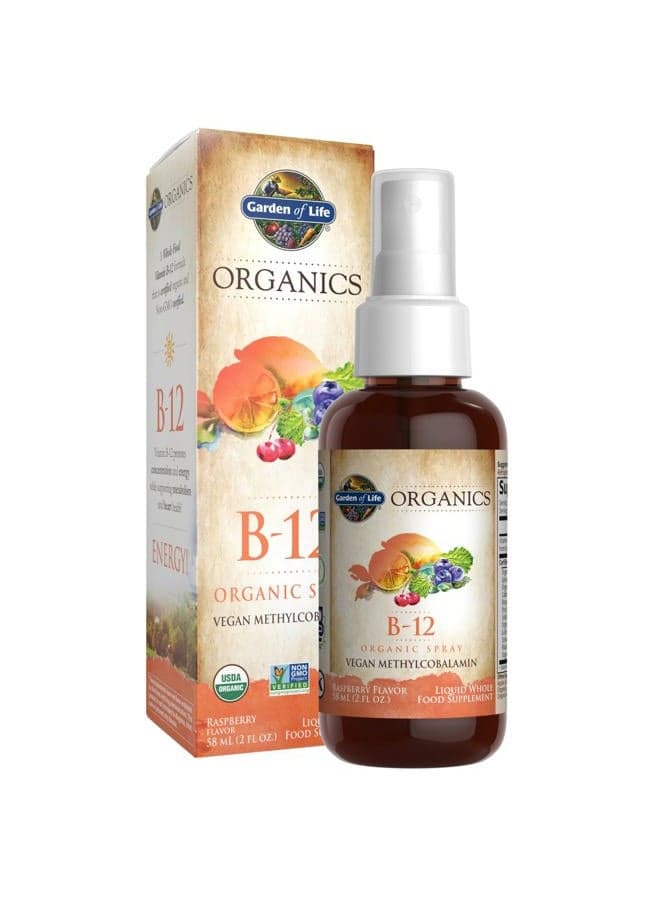 Organics B-12 Spray with Methylcobalamin – Liquid Vitamin Spray for Energy, Metabolism & Heart Health Support, Raspberry Flavor, 2 Fl Oz Bottle, 140 Servings