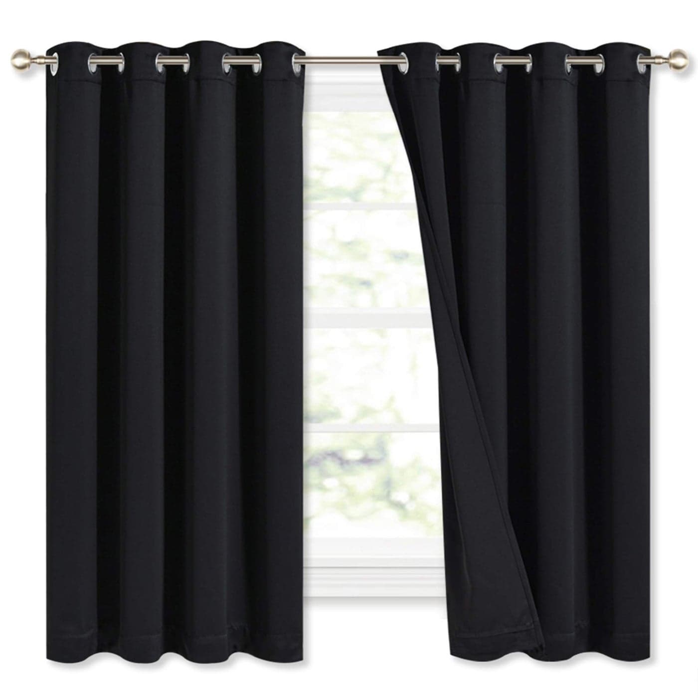 NICETOWN Complete 100 Blackout Curtains Thermal Insulated Energy Efficiency Window Draperies with Black Liner Noise Reducing Short Curtains for Kids Room Black 52inch W by 63inch L 2 Panels