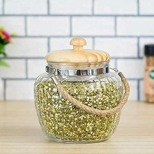 Femora Embossed Glass Jars for Kitchen| Kitchen Storage Jars| Wooden Lid & Jute Chain Glass Jars| 1 Year Warranty| Airtight| Jars for Snacks, Fry Food, Masala, Spice, Pickle, Cookies|1500ml| Set of 6