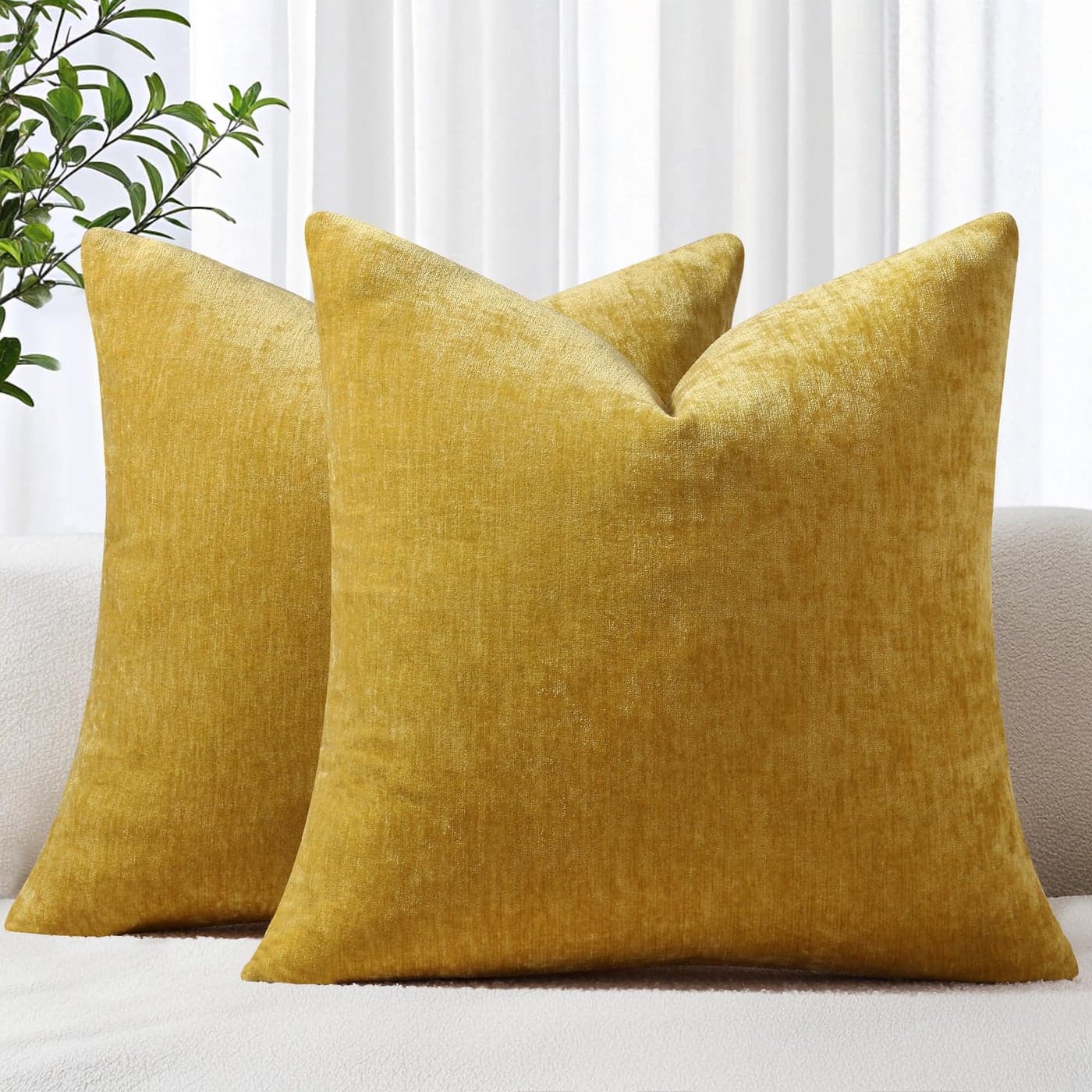 decorUhome Chenille Mineral Yellow Christmas Throw Pillow Covers 18x18 Inch Set of 2 Decorative Soft Couch Pillow Covers Solid Dyed Accent Farmhouse Neutral Square Pillow Cases for Sofa