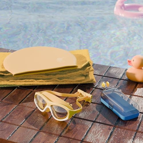 Lifelong Swimming Combo Kit for Kids 5+ Years- Swim Cap, Swimming Goggles with Earplug Attached, Noseclip & Microfibre Towel -Easy Fit Swimming Accessories -Swimming Cap -Anti-Fog Glasses, Yellow