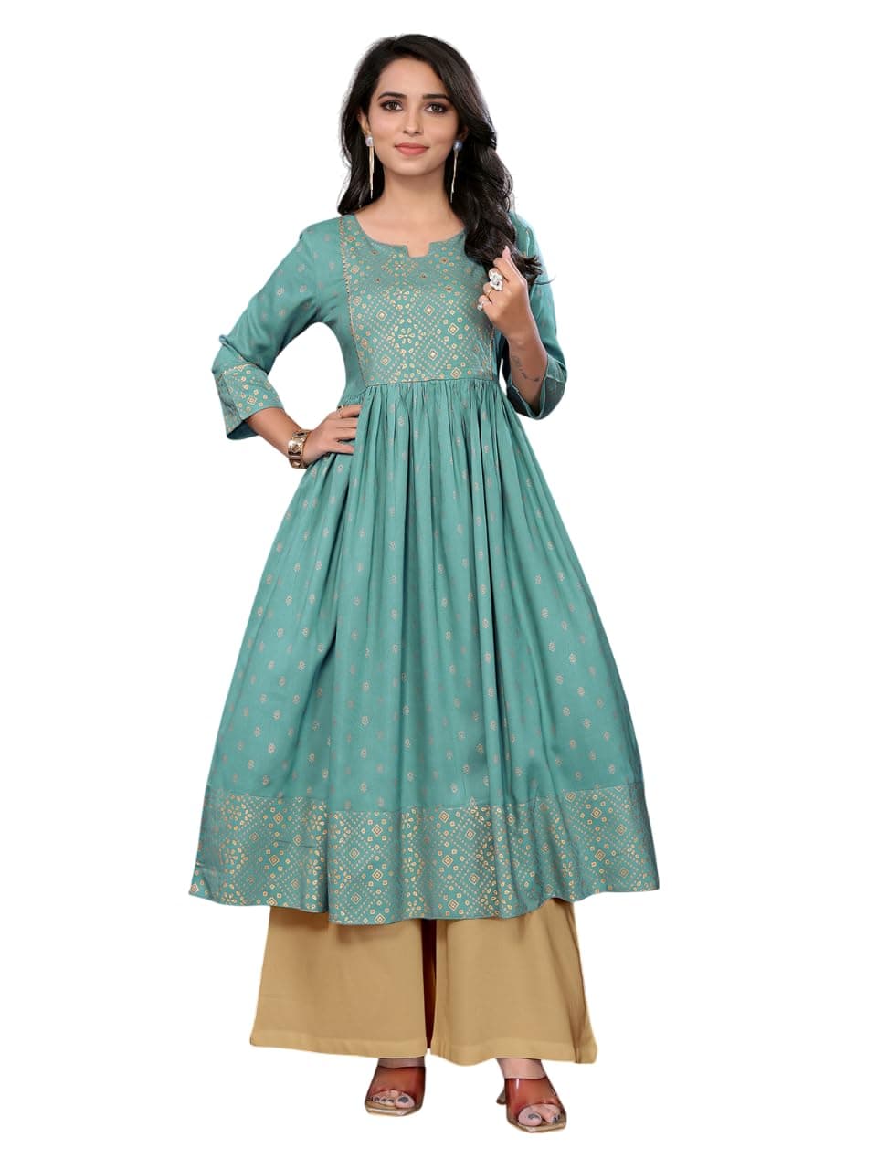 rangita Sea Green Rayon Calf Length Printed Anarkali Kurti | Kurta for Women_L