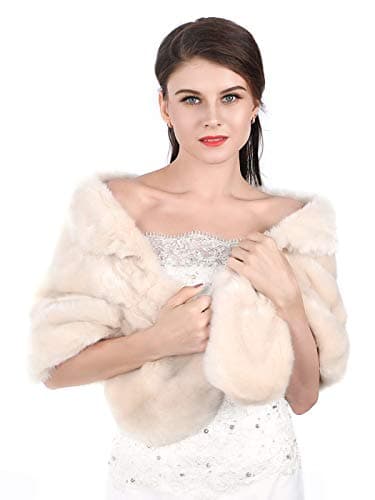 Aukmla Women's Wedding Fur Wraps and Shawls Bridal Fur Stoles Scarf with Rhinestones Brooch for Bride and Bridesmaids (Ivory, US 4-14 (S-M))