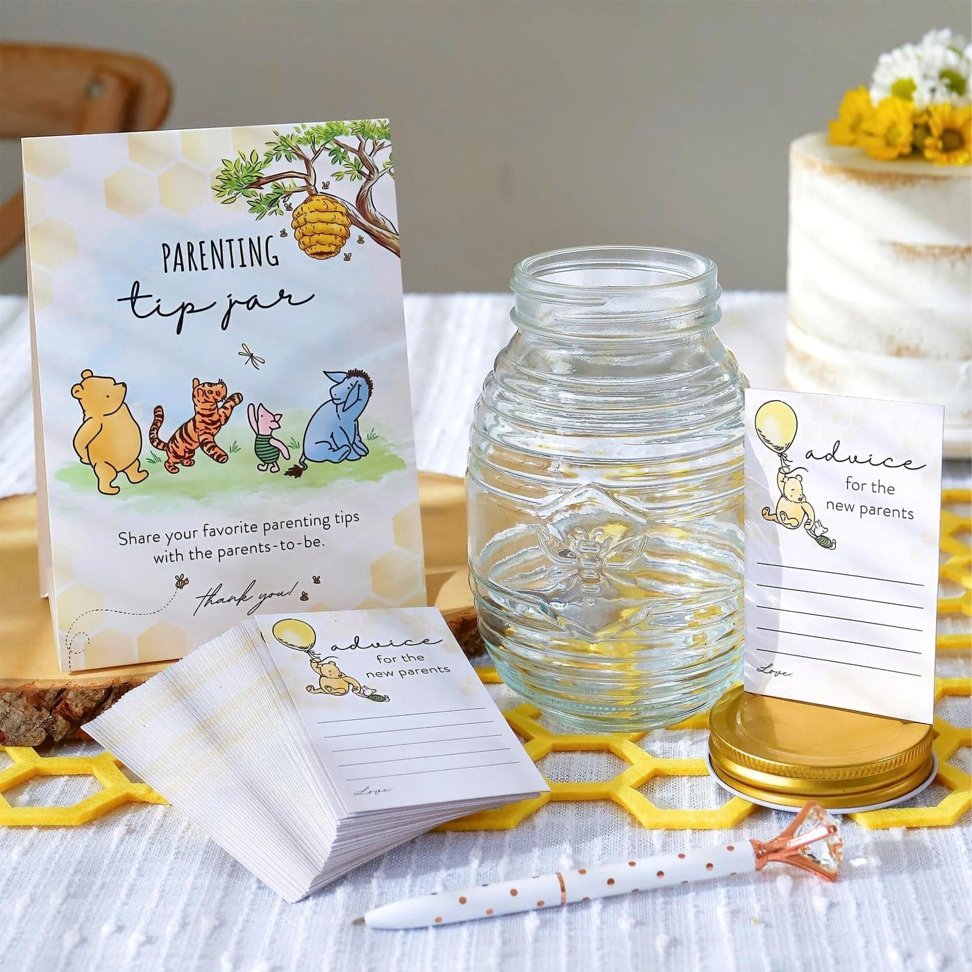 Kate Aspen Honey Bear Parenting Tip Jar For Baby Shower Game Activity Advice Cards Bee Hive Shaped Jar with Lid Nursery and Baby Shower Decoration