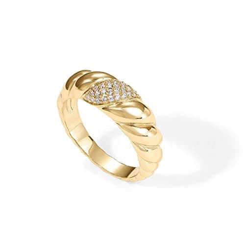 PAVOI 14K Yellow Gold Plated Cubic Zirconia Croissant Twisted Braided Ring - Chunky CZ Signet Ring - Size 5