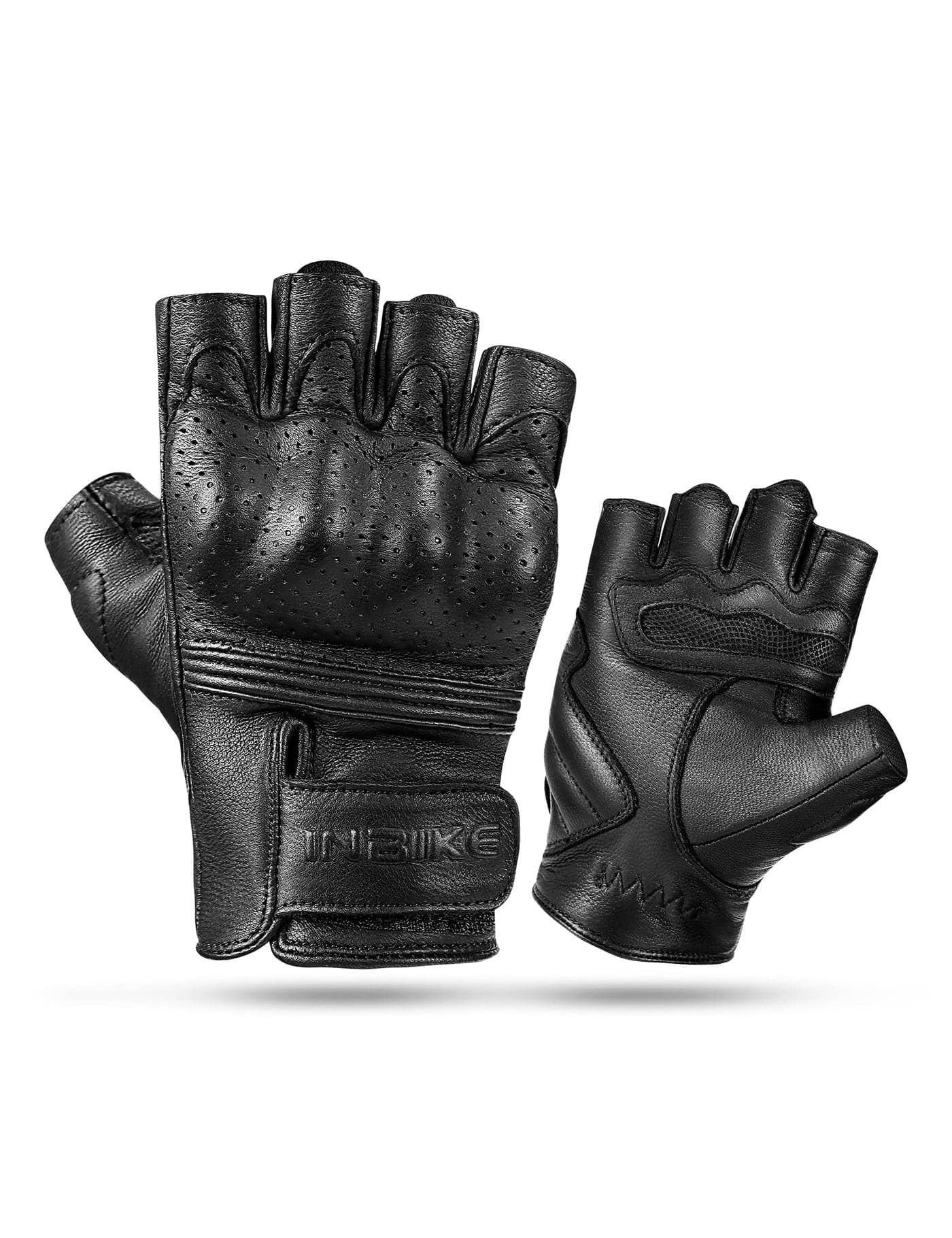 INBIKE Fingerless Motorcycle Gloves Summer Breathable Goatskin Leather Wear Resistant Hard Knuckle Black X-Large