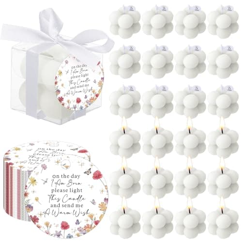 MTLEE 24 Sets Wildflower Baby Shower Favors Small Bubble Candles Baby Shower Favors for Guests Tea Candles Bulk with Stylish Ribbons Cards Gifts Party Decoration(White,Wildflower)