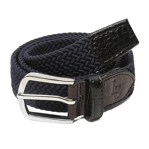 LOUIS STITCH Men's Sapphire Blue Braided Elastic Stretch Belt with Leather Tipped End Stretchable Canvas Waist Band for Men Women Boys Girls Unisex (26-34 inch Waist) (BE-EL)